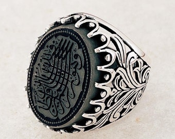 Natural Green Jade 925 Silver Men Ring- Quran Verse Islamic Arabic Calligraphy yemeni  men'n Ring