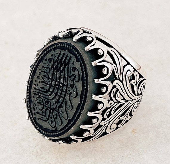 Natural Green Jade 925 Silver Men Ring- Quran Verse Islamic Arabic Calligraphy yemeni  men'n Ring
