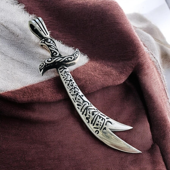 Imam Ali Zulfiqar Sword Necklace Zulfiqar - Solid 925K Sterling Silver Shia Pendant - Muslim Shia Gift for Him" Arabic Calligraphy