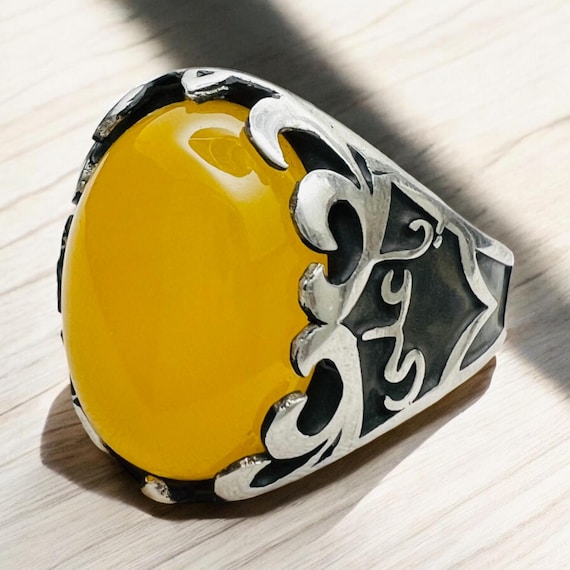 Amulet Taweez for Protection Men Ring Natural Big Sharaf Shams Dua Yellow Carnelian Agate Aqeeq 925 Ali Fatemeh silver akik art rare stone