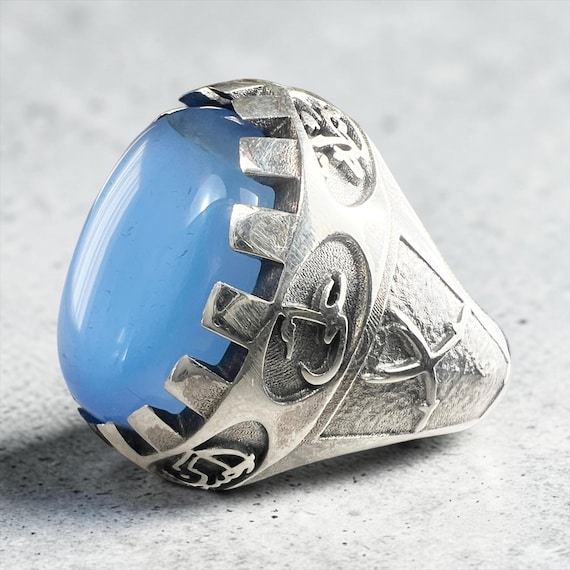 Zulfiqar Blue Yemeni Agate, 925 Sterling Silver, Shia Islamic Ring, Panjtan, 14 Infallibles, Men's Ring
