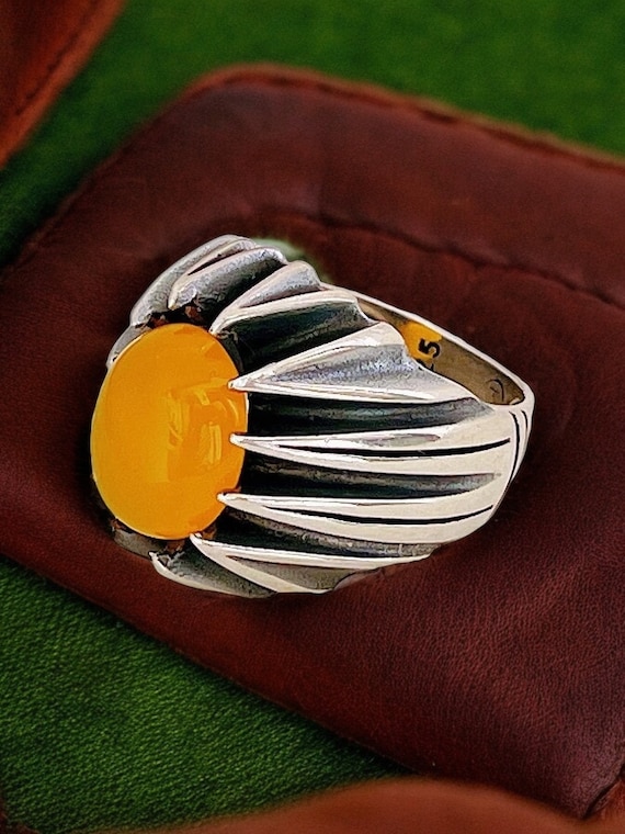 Amulet Taweez for Protection Men Ring Natural Sharaf Shams Dua Yellow Carnelian Agate Aqeeq 925 sterling silver rare akik art rare stone