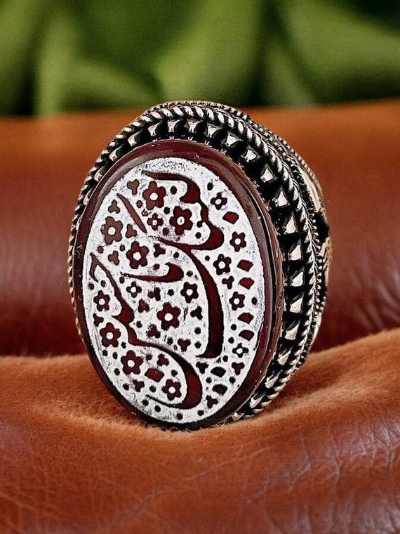 Natural Green Akik Shia Moslem Muslim Hand Engraved Labeik Ya Hussein 925 Ring Holy Quran Aqeeq 925 Silver Islamic Men Ring لبیک یا حسین