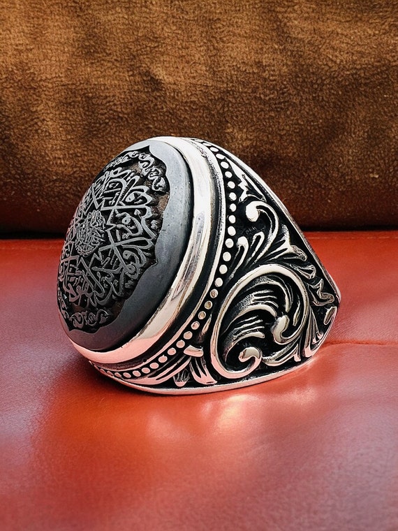 ARBIC ISLAMIC Hematite Hadid engraved Quranic Verse Tawheed Silver Men Ring , Gemstone Ring, Vintage Style Gift for Him