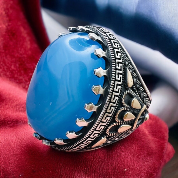 Men's 925 Silver Natural Big Blue Agate Ring,Silver Blue Agate Ring, Men Large Agate Stone Ring, Natural Blue Agate Gemstone Ring