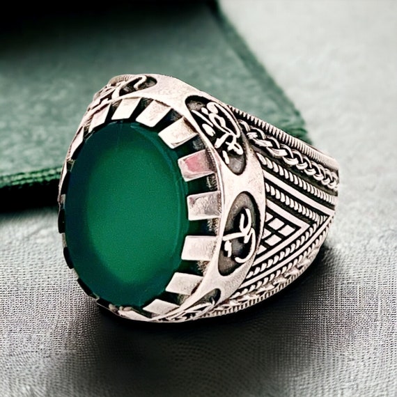 Shia Ring,Yemeni Aqeeq Ahlulbayt Ahl-ul-Bait 925 Sterling Silver Panjtan Islam Flat Green Agate,Panjtan,Hasan,Hussein,Hz Ali,Hz Muhammad