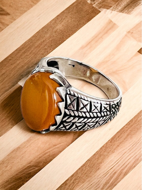 yemen Yellow Aqeeq Silver Women Ring, Silver Handmade Jewelry, 925 Sterling Silver, For Women, Gift For Her, Yellow Aqeeq - Agate