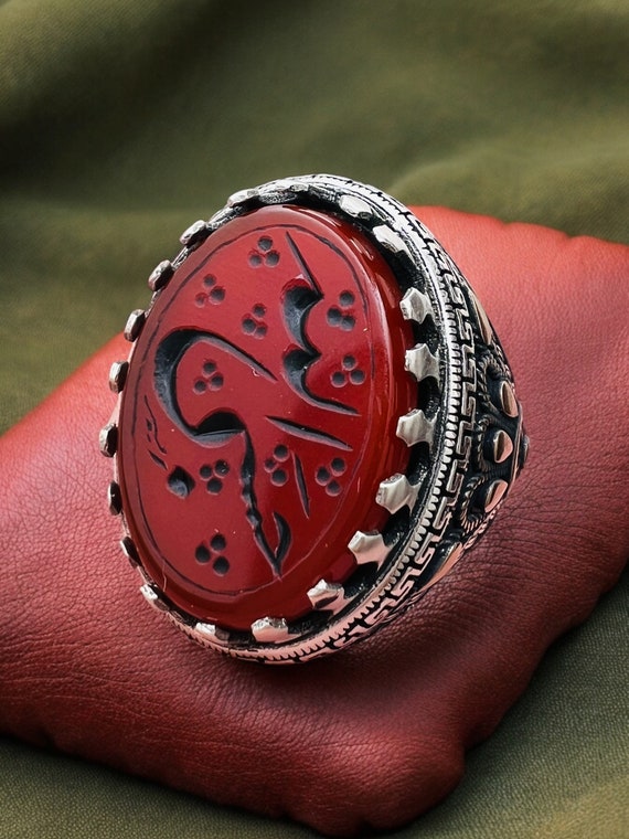 Big Natural agate ahlulbayt ehlibeyt  Shia Ring Aqeeq Ahl-ul-Bait 925 Silver Panjtan Islam Hesbi Allah Hand Carving حسبی الله