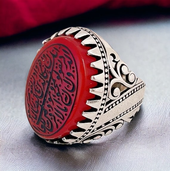Handmade Arabic Islamic Islam Calligraphy Men Woman Ring Special Natural Red Yemen Agate Sterling Silver  VanYekad Verse