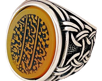 Islamic Allah Mohammed Ali Fatemeh Hasan Hossein Yellow Akik Shia Ahle beyt Ahlulbayt Engraved Ring Aqeeq 925 Silver Islamic