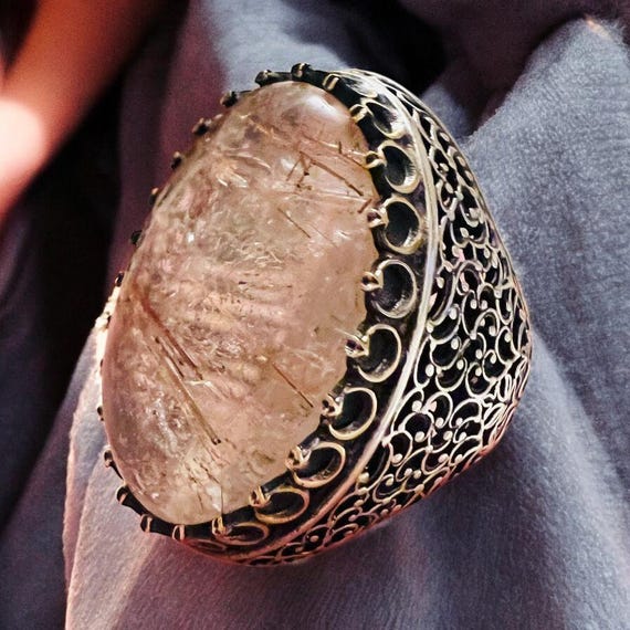 Very Large Natural gold Rutil Quartz Ring 925 Sterling Silver | 22x30mm Oval Gemstone | Bold Statement Ring | Handmade Jewelry Gift for Her