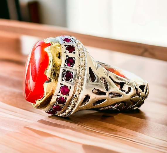 Floral Men Ring Natural Red Carnelian Agate Aqeeq akik sterling silver 925 arabian yemeni agate Natural ruby stones