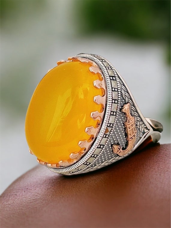 Men Ring Natural Big Yellow Carnelian Agate Aqeeq Dagger 925 sterling silver rare akik stone