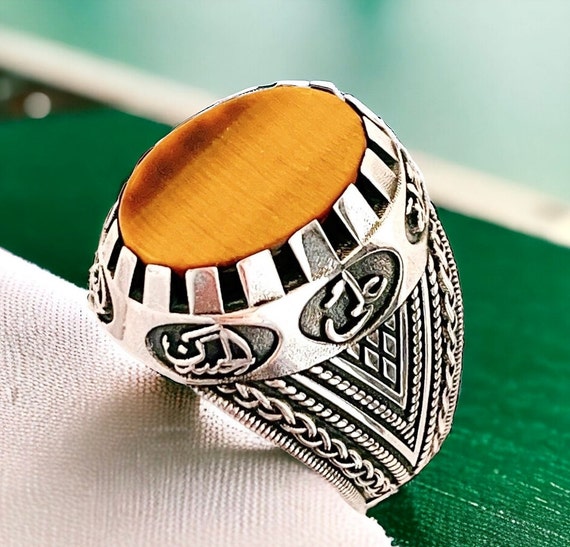 Shia Ring,Ahlulbayt Ahl-ul-Bait 925 Sterling Silver Panjtan Islam Flat Tiger's EyeStone,Panjtan,Hasan,Hussein,Hz Ali,Hz Muhammad
