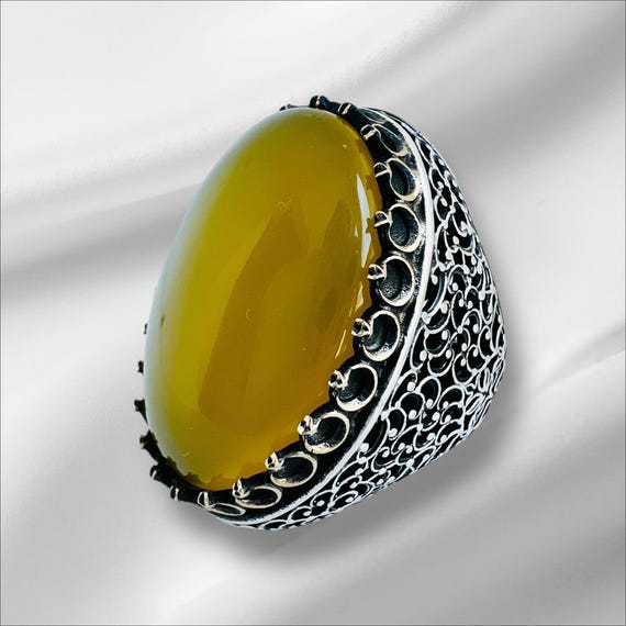 Very Large Yellow Agate Ring 925 Sterling Silver | 22x30mm Oval Gemstone | Bold Statement Ring | Handmade Jewelry Gift for Her