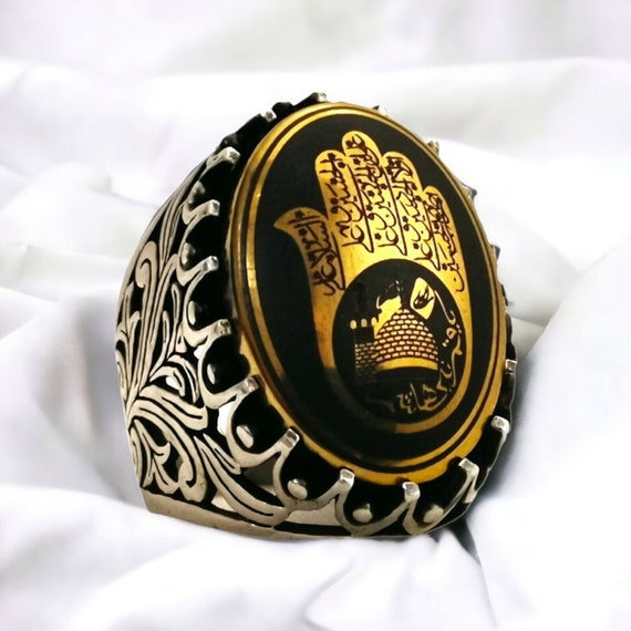 Finial Fatima hand ARABIC ISLAMIC Hadid engraved اباعبدالله الحسین Man Ring 925 silver Man Ring, Gemstone Ring, Vintage Style Gift for Him
