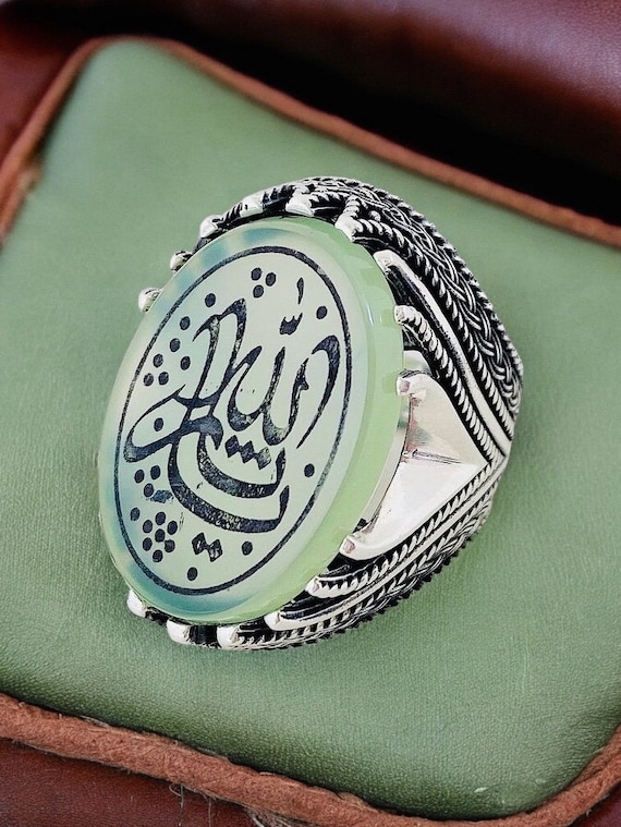 Natural Hand Engraved Holy Quran Green Yemeni Akik Shia Moslem Muslim Hand Engraved 925 Ring Holy Quran Aqeeq 925 Silver Islamic Men Ring