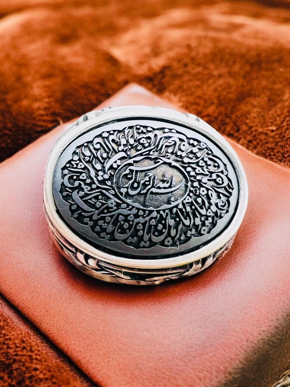 ARBIC ISLAMIC Shia Islamic 925 Sterling silver Hirz Iman Javad Jawaad on Hematite Hadid Natural Stone engraved,protection ring