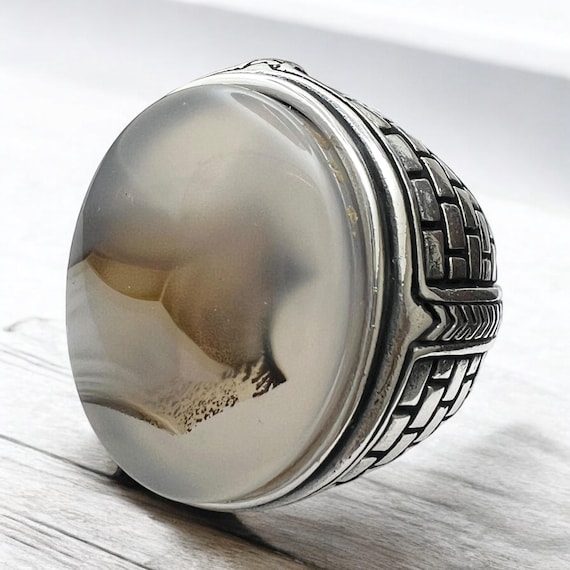 Kaaba Wall Design Ring,Yemen Sulaimani Devil Eye Agate Aqeeq for Ring  Natural Yemen Stone 925 Sterling Silver Men's Woman's Ring عقیق یمانی