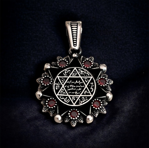 Seal of Solomon Necklace - 925 Sterling Silver - David's Star Necklace - Pendant With Red Stones