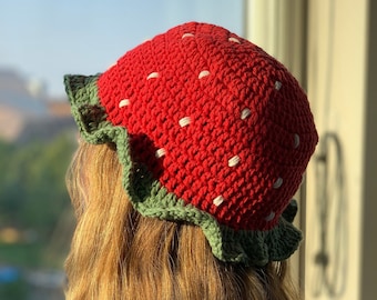 Strawberry Crochet Bucket Hat, Crochet Fruit Hat, Fruit Bucket Hat, Summer Hat, Cotton Yarn Bucket Hat