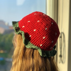 Strawberry Crochet Bucket Hat, Cotton Yarn Summer Hat