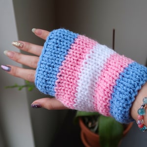 Transgender Pride Flag Knit Fingerless Gloves, Pride Knit Hand Warmers, Double Layer Knit Gloves, Transgender Gift, Coming Out Gift image 7