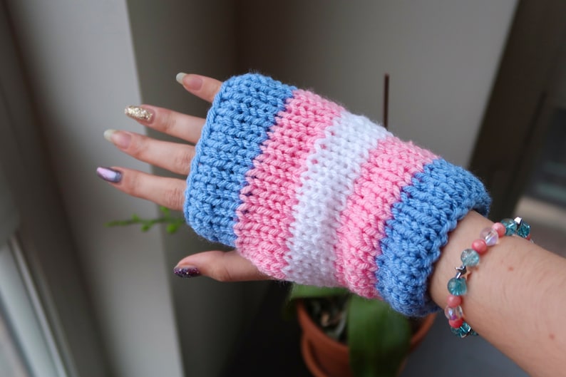 Transgender Pride Flag Knit Fingerless Gloves, Pride Knit Hand Warmers, Double Layer Knit Gloves, Transgender Gift, Coming Out Gift image 7