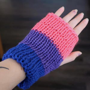 Bisexual Gloves, Bi Pride Knit Fingerless Double Layer Hand Warmers, LGBTQ Coming Out Gift