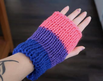 Bisexual Gloves, Bi Pride Knit Fingerless Double Layer Hand Warmers, LGBTQ Coming Out Gift