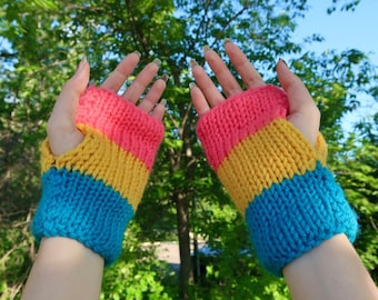Pansexual Gloves, Pride Knit Fingerless Double Layer Hand Warmers, LGBTQ Coming Out Gift