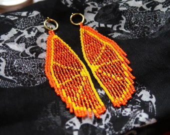 Orange Slice Beaded Fringe Earrings, Citrus Dangly Earrings, Pierced or Clip-On