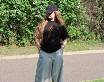 Embroidered Celestial Moth T-Shirt, Heavyweight 100% Cotton Graphic T, Relaxed Fit Top