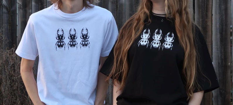 Black/White Handprinted Triple Stag Beetle Shirt, 100% Cotton Heavyweight Insect Graphic T-Shirt image 3