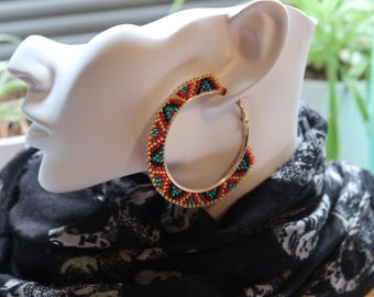 Handwoven Beaded Hoop Earrings, Glass Seed Bead Gold Earrings