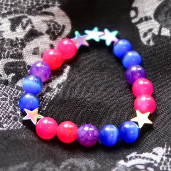 Bisexual Biromantic Pride Flag Star Beaded Gemstone Bracelet, Stretchy Beaded Bracelet, LGBTQ Bracelet, Bisexual Gifts, Coming Out Gifts