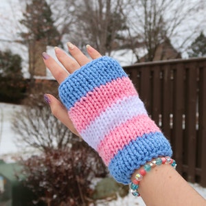 Transgender Pride Flag Knit Fingerless Gloves, Pride Knit Hand Warmers, Double Layer Knit Gloves, Transgender Gift, Coming Out Gift image 1