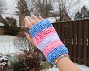 Transgender Pride Flag Knit Fingerless Gloves, Pride Knit Hand Warmers, Double Layer Knit Gloves, Transgender Gift, Coming Out Gift