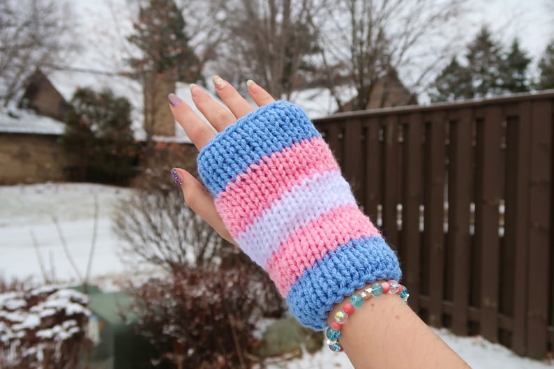 Transgender Pride Flag Knit Fingerless Gloves, Pride Knit Hand Warmers, Double Layer Knit Gloves, Transgender Gift, Coming Out Gift image 1