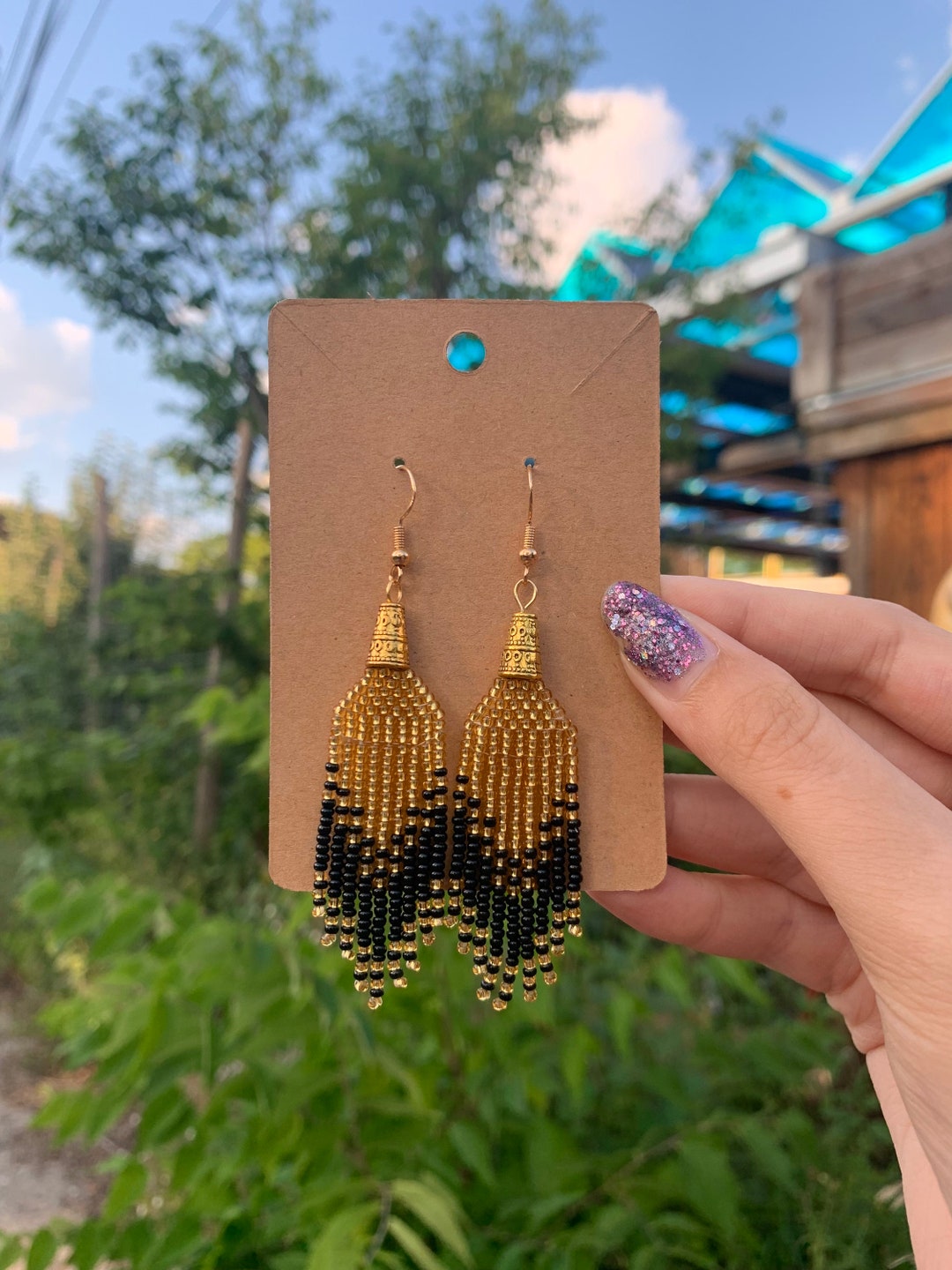 Black and Gold Beaded Earrings, Glass Seed Bead Earrings, Ombre Fringe