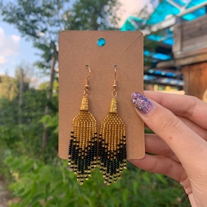 Black and Gold Beaded Earrings, Glass Seed Bead Earrings, Ombre Fringe Earrings, Lightweight Dangle Earrings (Pierced or Clip-On)