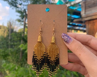 Black and Gold Beaded Earrings, Glass Seed Bead Earrings, Ombre Fringe Earrings, Lightweight Dangle Earrings (Pierced or Clip-On)