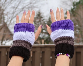 Asexual Gloves, Pride Knit Fingerless Double Layer Hand Warmers, LGBTQ Coming Out Gift