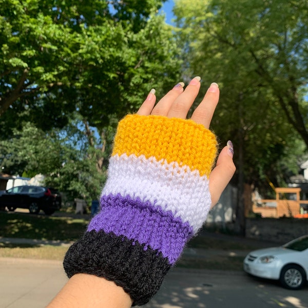 Nonbinary Pride Flag Knit Fingerless Gloves, Pride Knit Hand Warmers, Double Layer Knit Gloves, Nonbinary Gift, Coming Out Gift