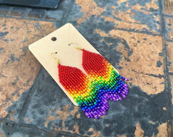 Rainbow Beaded Fringe Earrings, LGBTQ Pride Jewelry, Coming Out Gift, Pierced or Clip-On