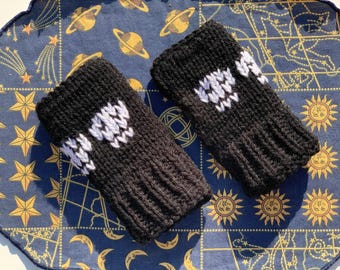 Skull Knit Gloves, Double Layer Fingerless Ribbed Hand Warmers