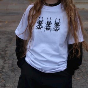 Black/White Handprinted Triple Stag Beetle Shirt, 100% Cotton Heavyweight Insect Graphic T-Shirt image 5