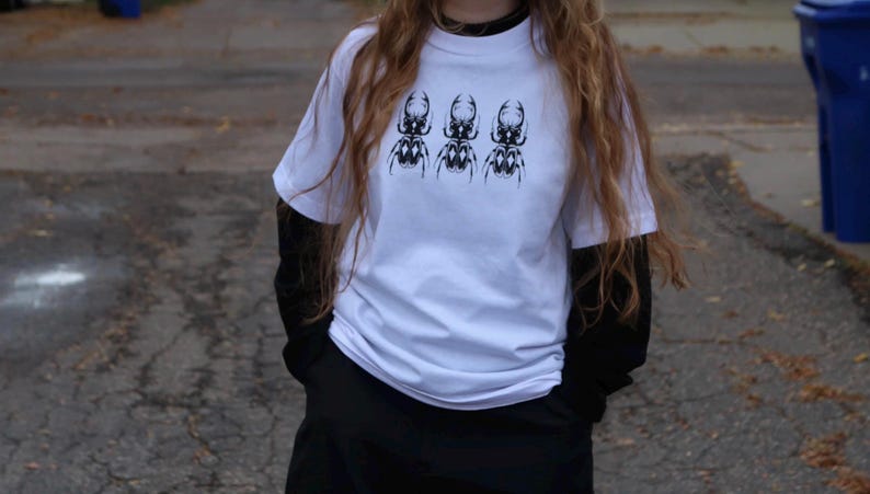 Black/White Handprinted Triple Stag Beetle Shirt, 100% Cotton Heavyweight Insect Graphic T-Shirt image 5