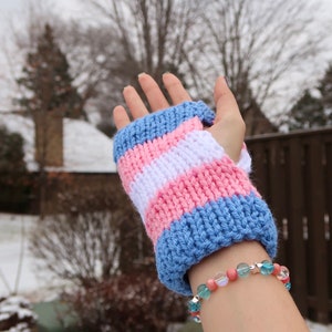 Transgender Pride Flag Knit Fingerless Gloves, Pride Knit Hand Warmers, Double Layer Knit Gloves, Transgender Gift, Coming Out Gift image 3