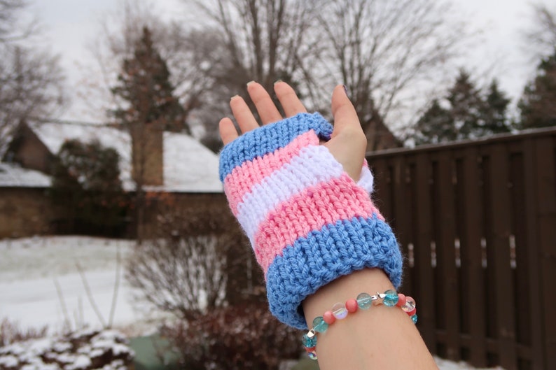 Transgender Pride Flag Knit Fingerless Gloves, Pride Knit Hand Warmers, Double Layer Knit Gloves, Transgender Gift, Coming Out Gift image 3